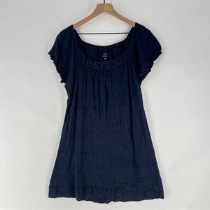 Zero Coby Crinkled Crash Effect Lightweight Cotton Blend Navy Lace Trimmed Dress